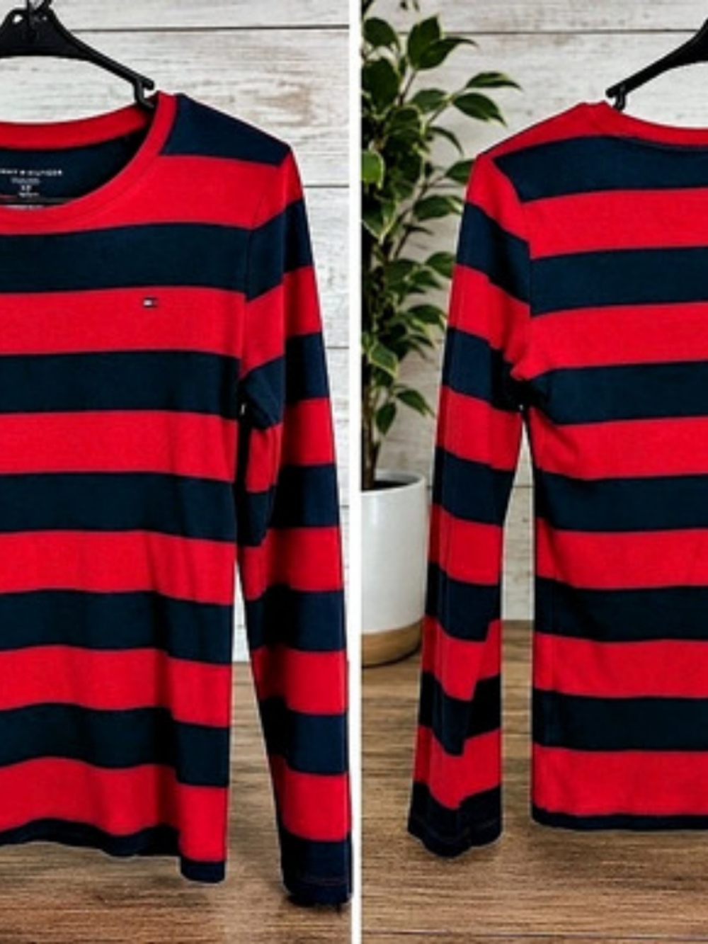 Tommy Hilfiger Striped Long Sleeve Tee in Red & Blue